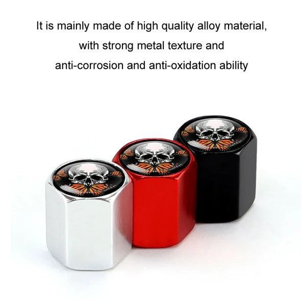 4lü Kafatası Metal Araba Lastik Valf Kapağı Kırmızı Alüminyum Alaşım Evrensel - 3