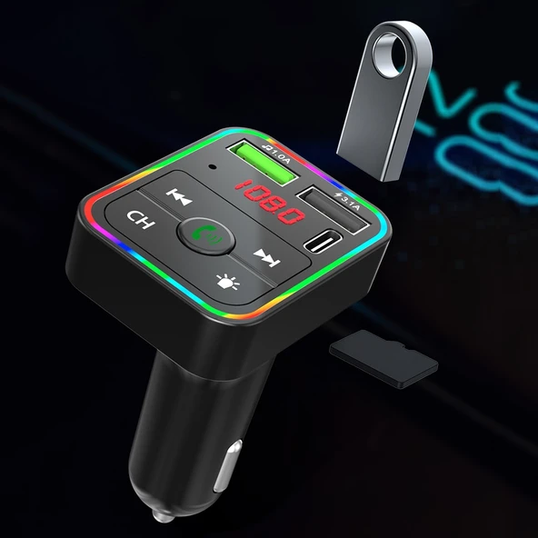 F2 Araç FM Verici MP3 USB Şarj Cihazı LED Arka Işıklı Bluetooth Destekli - 6