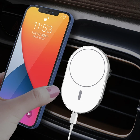 X19 Magsafe Araç Hava Çıkışı Tutucu Beyaz 15W Hızlı Şarj Qi Manyetik Kablosuz Şarj Cihazı