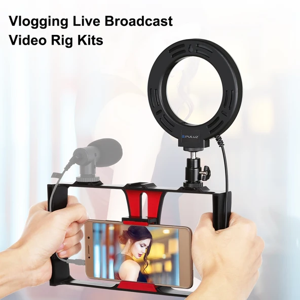 PULUZ 2'si 1 Arada Vlogging Canlı Yayın Akıllı Telefon Video Rig ve 12cm 4.7 inç Kırmızı Halka LED Selfie Işığı Seti Soğuk Ayak Tripod Başlığı ile - 6