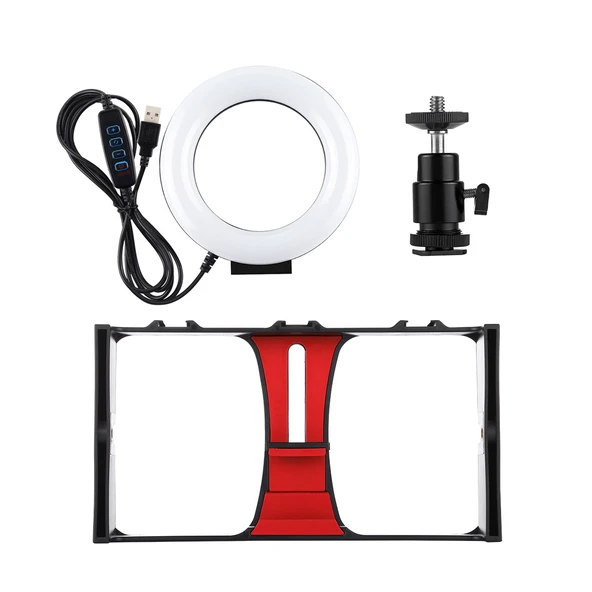 PULUZ 2'si 1 Arada Vlogging Canlı Yayın Akıllı Telefon Video Rig ve 12cm 4.7 inç Kırmızı Halka LED Selfie Işığı Seti Soğuk Ayak Tripod Başlığı ile - 11