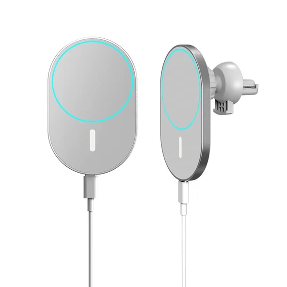 X19 Magsafe Araç Hava Çıkışı Tutucu Beyaz 15W Hızlı Şarj Qi Manyetik Kablosuz Şarj Cihazı - 2