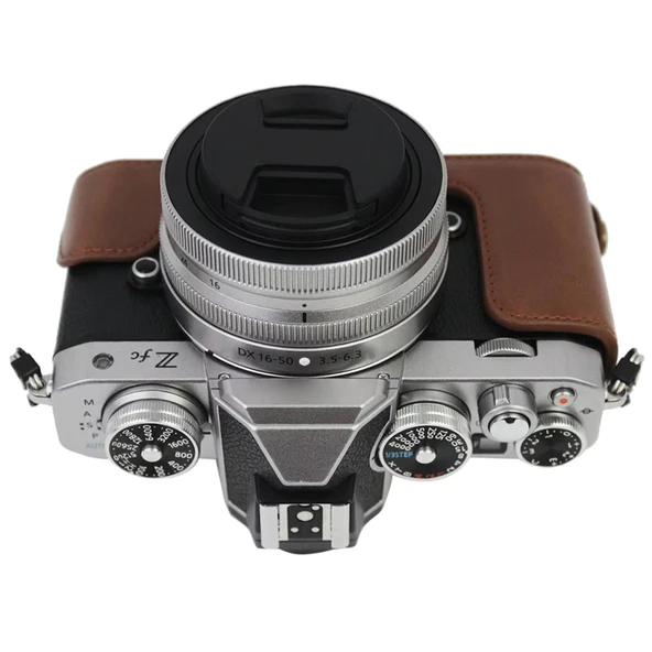 Nikon Z fc İçin 1 4 İnç Dişli Kahverengi PU Deri Yarım Kamera Kılıfı - 5