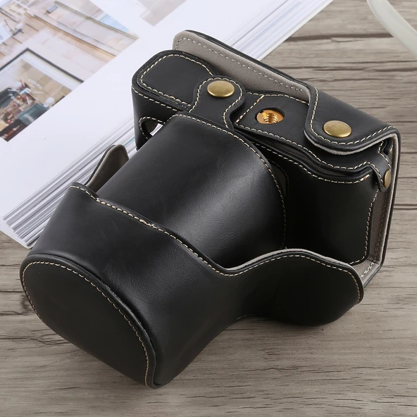 Fujifilm XA5 Uyumlu Siyah PU Deri Kamera Çantası ve Askı - 4