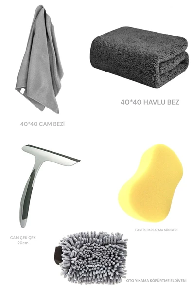 5'li Oto Yıkama Seti Mikrofiber Kurulama Bezi, Araba Yıkama Eldiveni, Cam Bezi 40x40, Lastik Süngeri