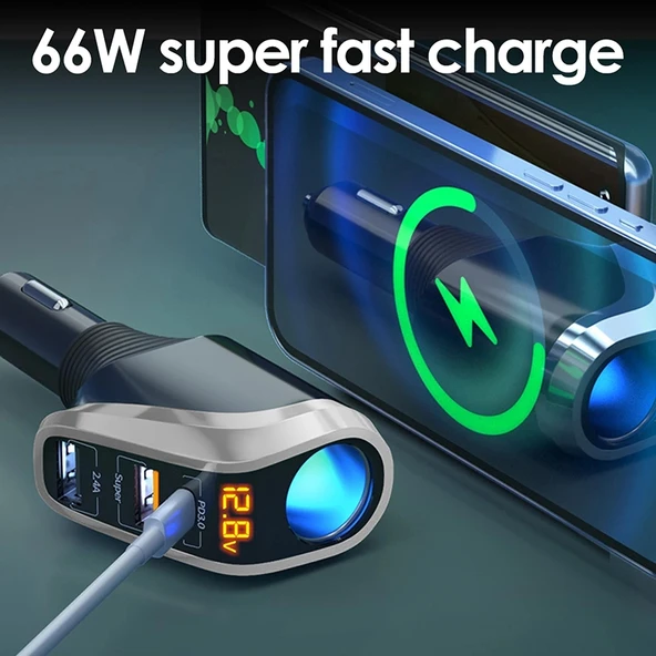 Ozio DY48TC 188W Çift Portlu Çok Fonksiyonlu Araç Şarj Cihazı Type-C ve USB Gümüş - 8