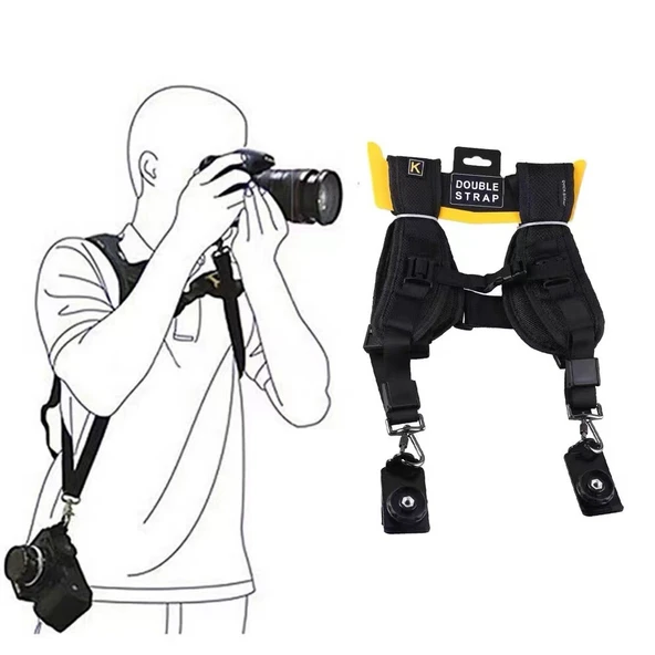 Hızlı Çift Omuz Askısı DSLR 2 Kamera için QS-B 1/4 Siyah