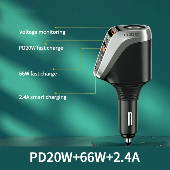 Ozio DY48TC 188W Çift Portlu Çok Fonksiyonlu Araç Şarj Cihazı Type-C ve USB Gümüş - 3