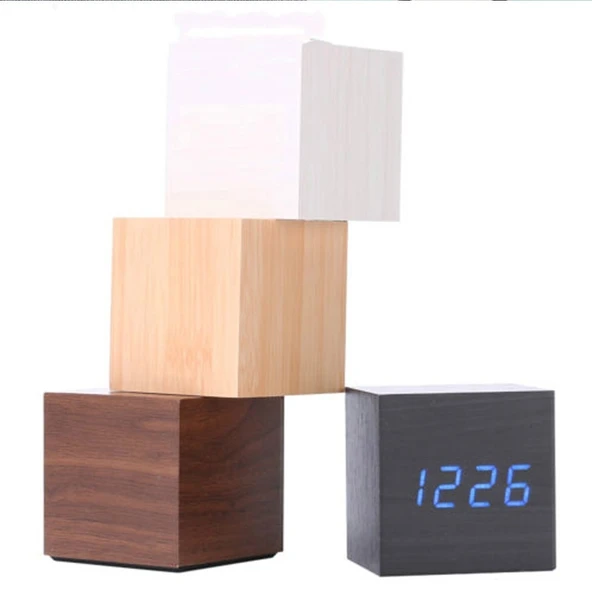 Beyaz Ahşap Modern Dijital LED Masa Saati Ses Kontrollü Termometreli Zamanlayıcı - 10