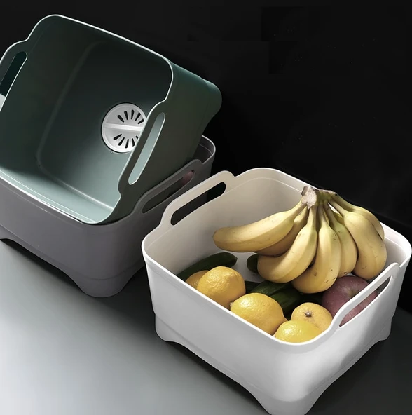 2'li Çok Fonksiyonlu Plastik Sebze ve Meyve Yıkama Sepeti - Koyu Gri - 9
