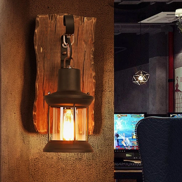 Vintage Eski Kuru Ağaç Renkli Ahşap Duvar Lambası Kafe Bar Loft Aydınlatma - 6