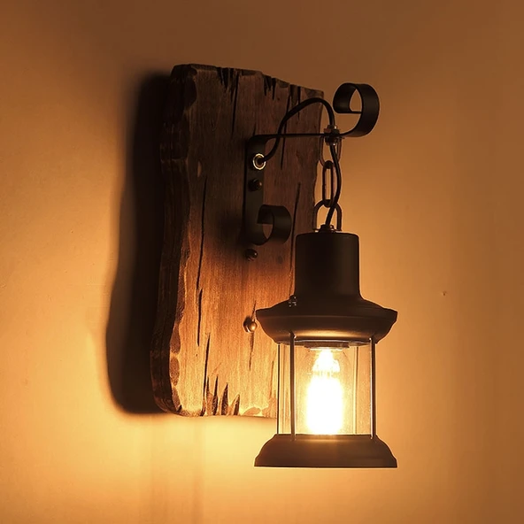 Vintage Eski Kuru Ağaç Renkli Ahşap Duvar Lambası Kafe Bar Loft Aydınlatma