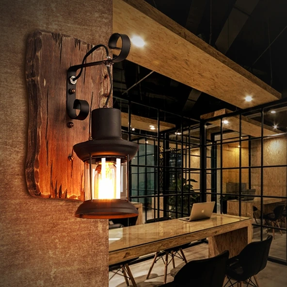 Vintage Eski Kuru Ağaç Renkli Ahşap Duvar Lambası Kafe Bar Loft Aydınlatma - 7