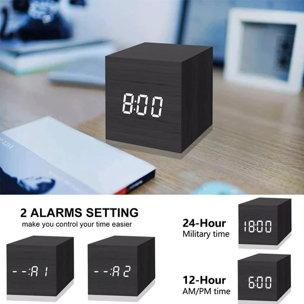 Beyaz Ahşap Modern Dijital LED Masa Saati Ses Kontrollü Termometreli Zamanlayıcı - 5
