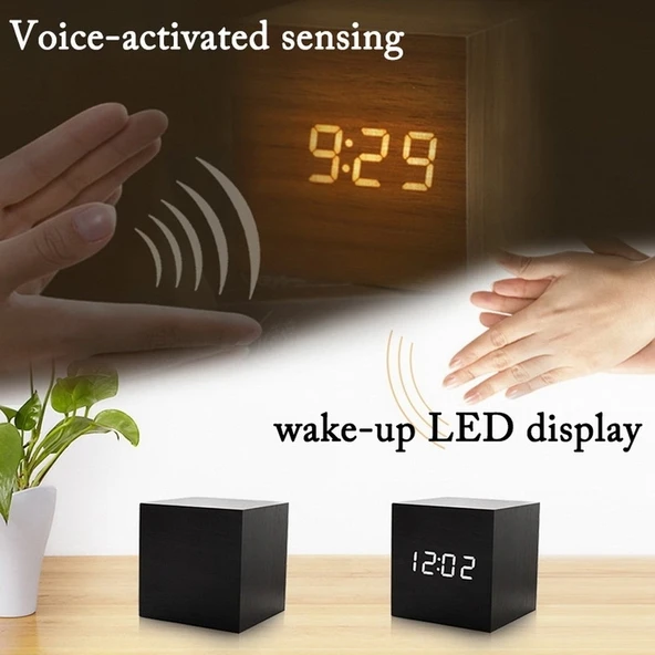 Beyaz Ahşap Modern Dijital LED Masa Saati Ses Kontrollü Termometreli Zamanlayıcı - 6