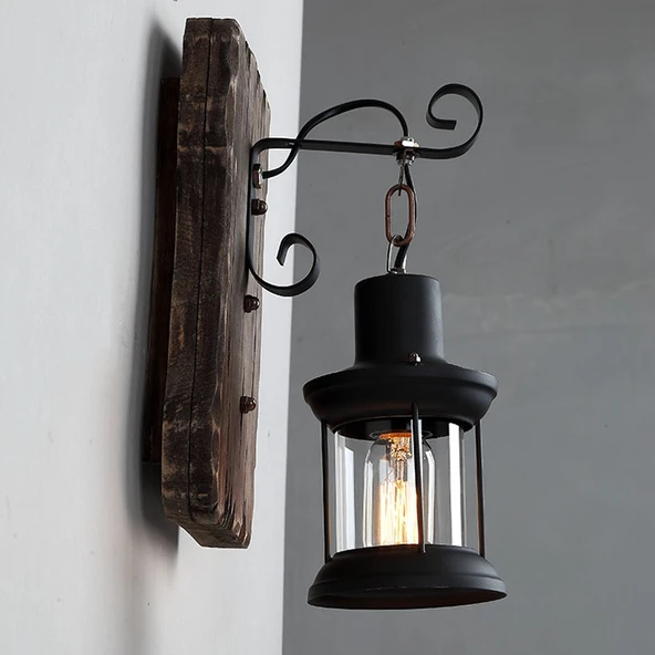 Vintage Eski Kuru Ağaç Renkli Ahşap Duvar Lambası Kafe Bar Loft Aydınlatma - 2