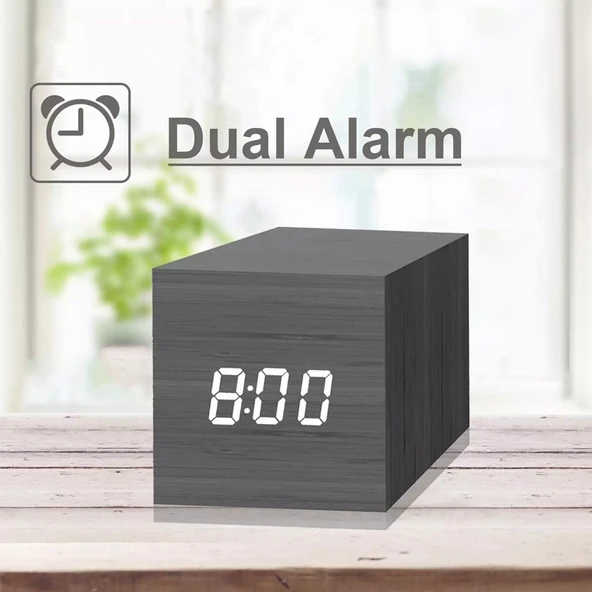 Beyaz Ahşap Modern Dijital LED Masa Saati Ses Kontrollü Termometreli Zamanlayıcı - 7