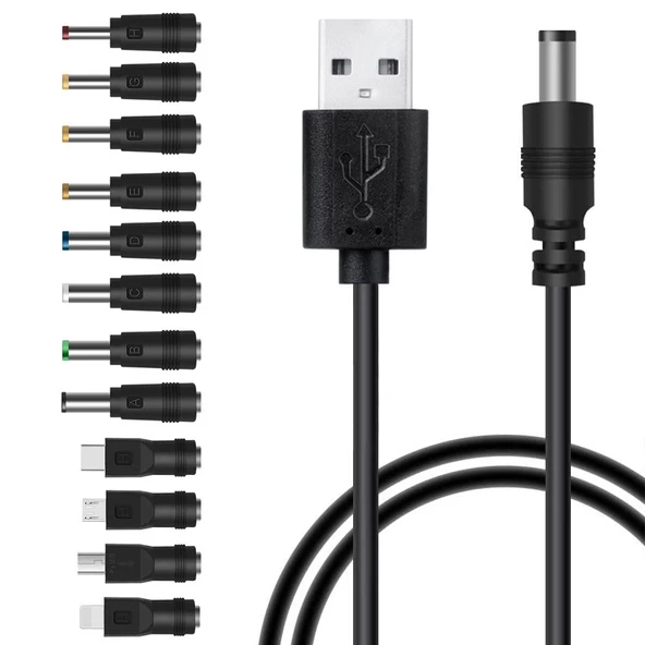 12 in 1 Çok Fonksiyonlu DC Güç Kablosu USB Şarj Kablosu Siyah