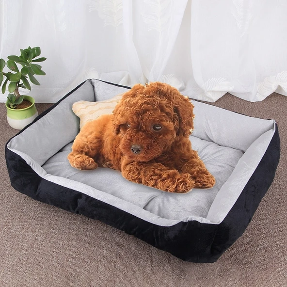 Köpek Kemik Desenli Büyük Yumuşak Sıcak Evcil Hayvan Yatak Minderi Siyah Gri 70x50x15 cm