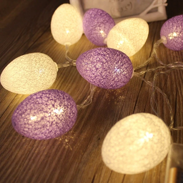 Pilli 1.8 Metre 10 LED Mor Pamuk İpli Yumurta Şeklinde Lamba Zinciri Paskalya Tatili Parti Dekoratif Işık