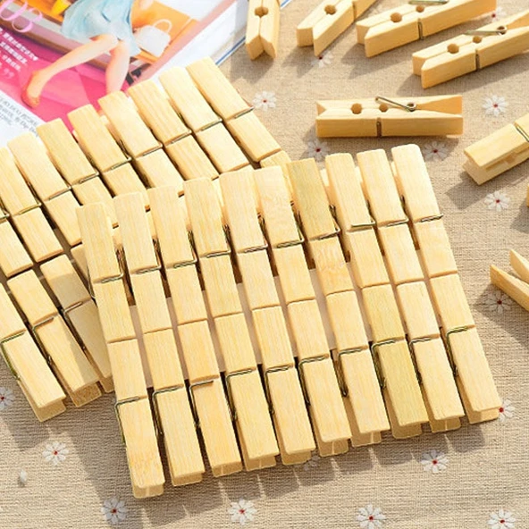 100 Adet Çok Fonksiyonlu Mini Bambu Mandal Çamaşır Askısı Klipsi - 3