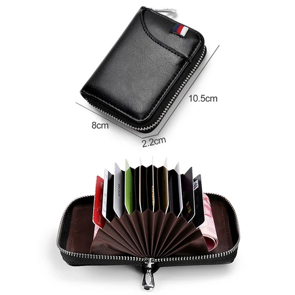 KB155 Antimagnetik RFID Fermuarlı Deri Büyük Kapasiteli Kartlık Cüzdan Siyah - 4