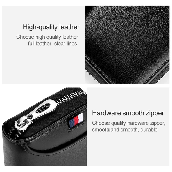 KB155 Antimagnetik RFID Fermuarlı Deri Büyük Kapasiteli Kartlık Cüzdan Siyah - 7