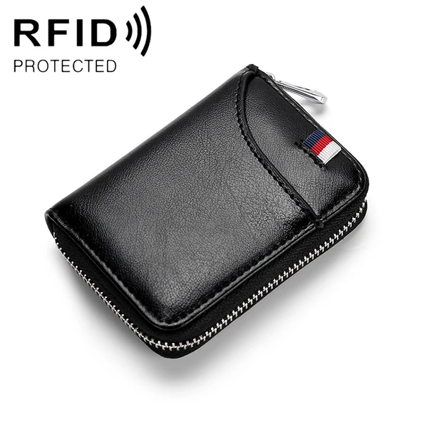 KB155 Antimagnetik RFID Fermuarlı Deri Büyük Kapasiteli Kartlık Cüzdan Siyah