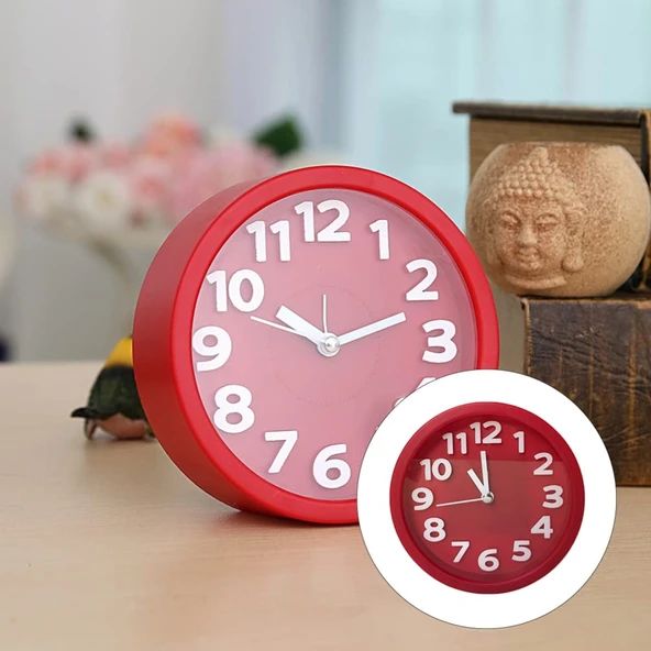 Yuvarlak 12cm Kırmızı Sessiz Dijital Stereo Çocuk ve Öğrenci Alarm Saati - 5