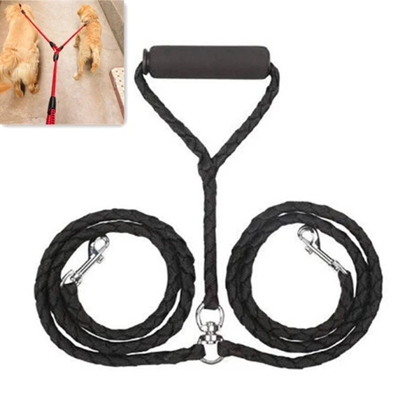 Çift Köpek Gezdirme Tasması 1.4 Metre Siyah Karışıklık Önleyici - 2