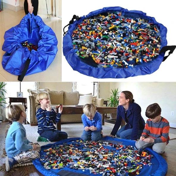 Taşınabilir Çocuk Oyuncak Saklama Çantası Mavi 45cm İpli Pratik Torba - 4