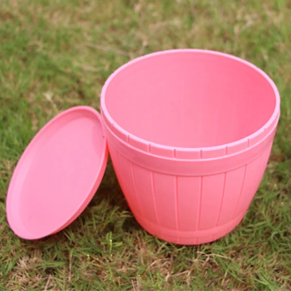 10lu Pembe Plastik Reçine Ahşap Görünümlü Varil Saksı Tepsili 19cm Çap 16.5cm Yükseklik - 3