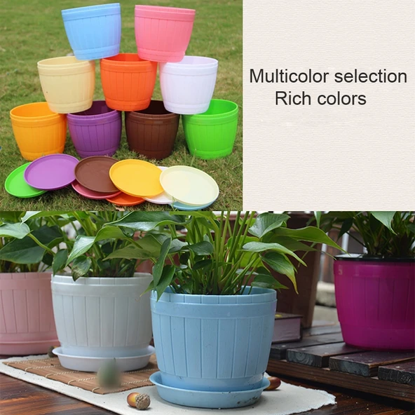 10lu Pembe Plastik Reçine Ahşap Görünümlü Varil Saksı Tepsili 19cm Çap 16.5cm Yükseklik - 6