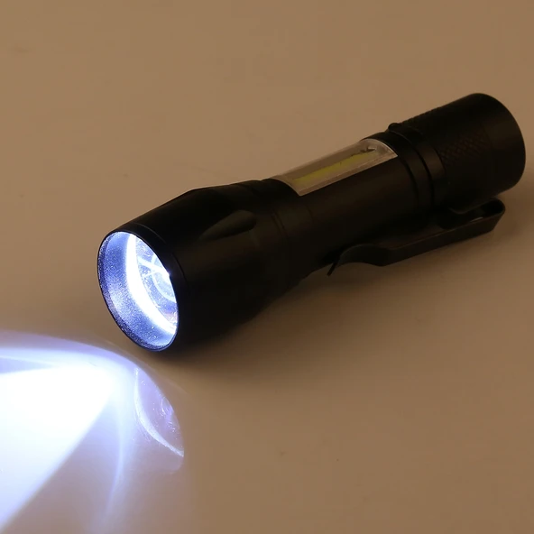 A3 USB Şarjlı Su Geçirmez Zoomlu XPE ve COB Fener 3 Modlu Klipsli ve Kutulu - 6