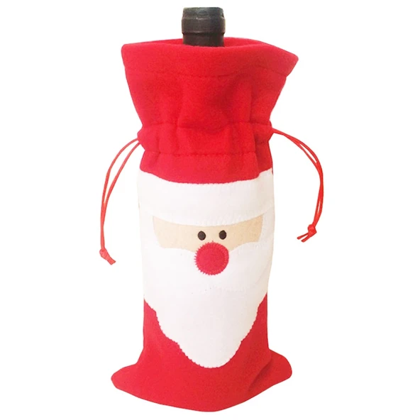 3 Parça Noel Baba Desenli Yılbaşı Şampanya Şişesi Kılıfı Peluş Masa Süsü - 5