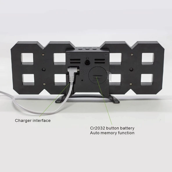 Çok Fonksiyonlu Büyük 3D LED Dijital Duvar Alarm Saati Yeşil - 5