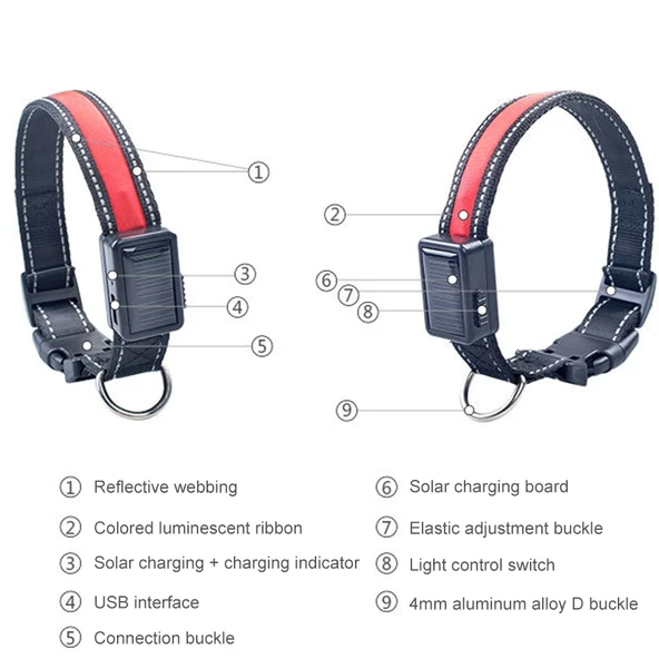 Orta ve Büyük Köpek Güneş Enerjili USB Şarjlı Kırmızı LED Işıklı Boyun Tasması 50-60cm - 9
