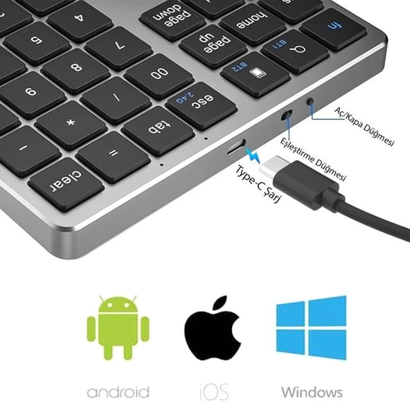 Powermaster PM-26595 Mini Gri Bluetooth 5.2 Kablosuz 35 Tuş Klavye Genişletme Sayı Bloğu - 3