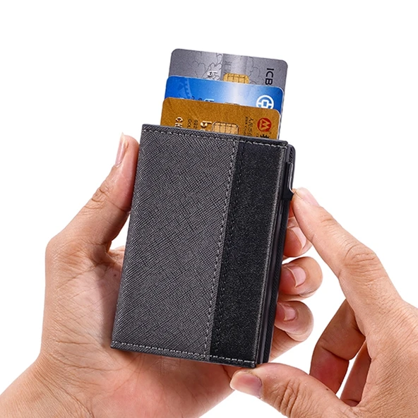 FY2409 Model Gri RFID Manyetik Koruyucu Üç Katlı PU Deri Kartlık - 4