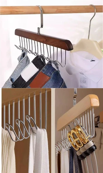 8 Kancalı Askı Çok Fonksiyonlu Ahşap Kemer Kravat Eşarp Dolap Askısı - 5