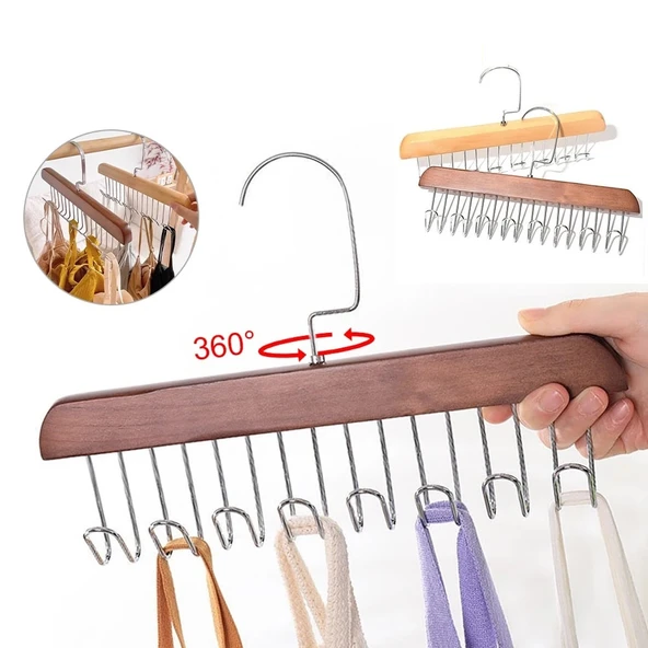 8 Kancalı Askı Çok Fonksiyonlu Ahşap Kemer Kravat Eşarp Dolap Askısı - 4