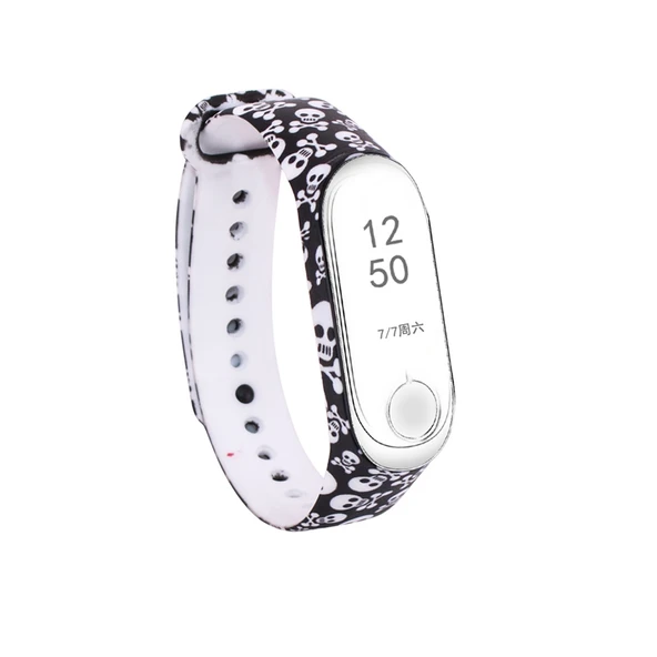 Xiaomi Mi Band 3 ve 4 Uyumlu Silikon Saat Kayışı Kafatası Desenli