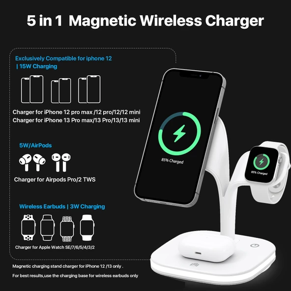 YM UD22 15W 5 in 1 Manyetik Kablosuz Şarj Cihazı Stand Fonksiyonlu Beyaz - 4