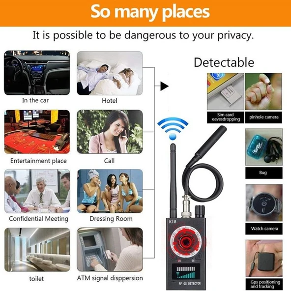 K18 Kablosuz GPS ve Sinyal Dedektörü Anti Casus Kamera Tespit Cihazı - 7