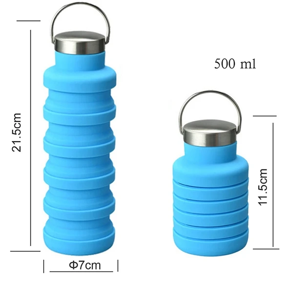 500ml Katlanabilir Silikon Seyahat Su Matarası Gri Kulplu Kapaklı - 3