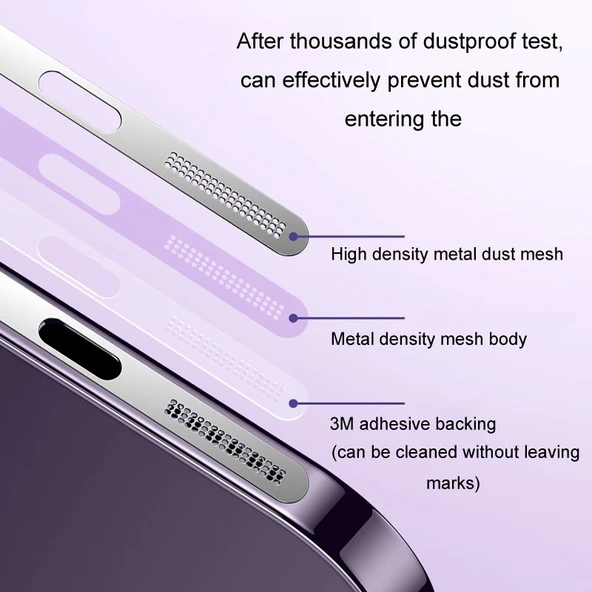 iPhone 12 13 14 15 Serisi Metal Kaplamalı Toz Geçirmez Hoparlör Şarj Portu Koruyucu Film Gümüş 2li Set - 6