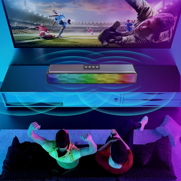 RGB Renkli Aydınlatmalı Uzun Masaüstü USB Kablosuz Bluetooth Hoparlör Siyah Model Q6 - 10