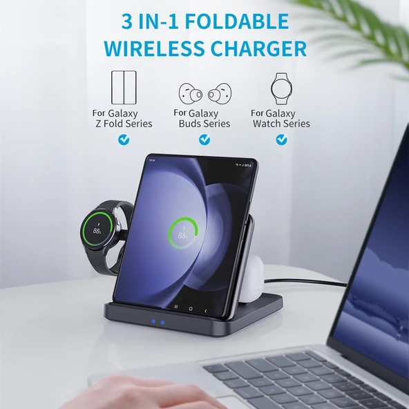 Samsung Galaxy Z Fold Uyumlu 3'ü 1 Arada Kablosuz Şarj Cihazı Siyah Model F16A - 3
