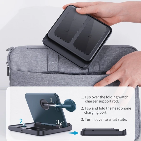 Samsung Galaxy Z Fold Uyumlu 3'ü 1 Arada Kablosuz Şarj Cihazı Siyah Model F16A - 6