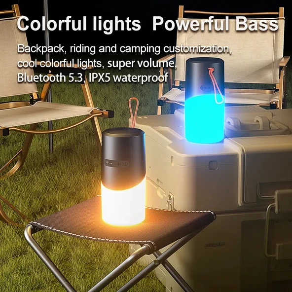 Kablosuz Bluetooth Hoparlör Siyah RGB Işıklı Su Geçirmez Stereo Atmosfer Işığı - 3